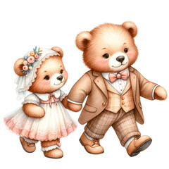 Charming illustration of couple teddy bears in vintage outfit. PNG watercolor on transparent background.