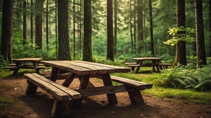 Fototapeta premium a detailed illustration of a rustic wooden table set in the foreground, with blurred camping tents in the background nestled among a lush, green forest. Emphasize the texture and grain of the wooden t