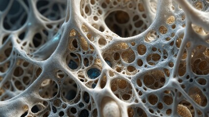 Detailed close-up of bone tissue, highlighting anatomy, cellular structure, collagen. Focus on medical research, skeletal health, repair processes, emphasizing conditions like fractures and bone loss.