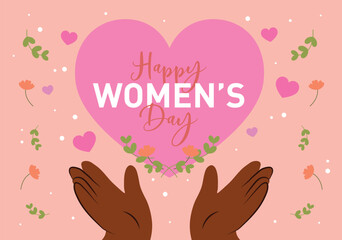 Happy Women's Day postcard concept in flat cartoon design. Women's hands point to a heart with a Happy Women's Day greeting written in a nice font. Vector illustration.
