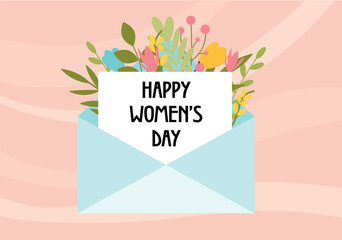 Happy Women's Day postcard concept in flat cartoon design. This lovely illustration shows an envelope with a Happy Women's Day greeting card. Vector illustration.