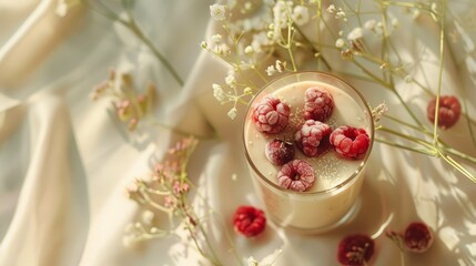A glass of smoothie with berries top view