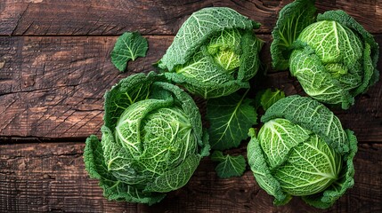 Fototapeta premium Fresh green cabbage on a wooden background, top view