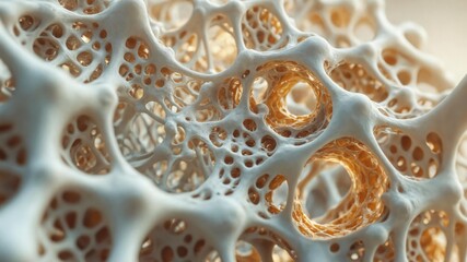 Close-up of spongy bone tissue, focusing on microscopic structure, cells and collagen. Highlighting medical science, skeletal health, repair processes.