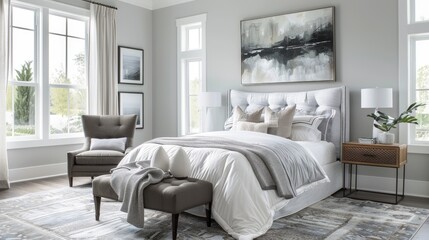Fototapeta premium Elevate your bedroom with contemporary flair in shades of gray, creating a calming and stylish retreat perfect for relaxation
