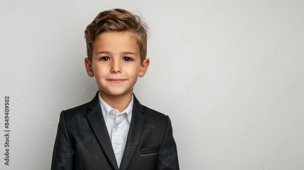 Wall mural a charming young boy in formal attire standing against a plain white backdrop ready for a photo