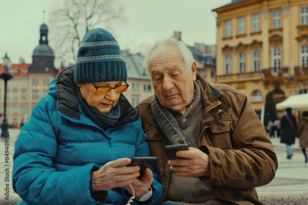 Poster A couple looking at their smartphone, possibly checking messages or browsing the internet
