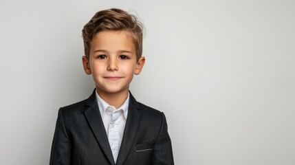 A charming young boy in formal attire standing against a plain white backdrop ready for a photo