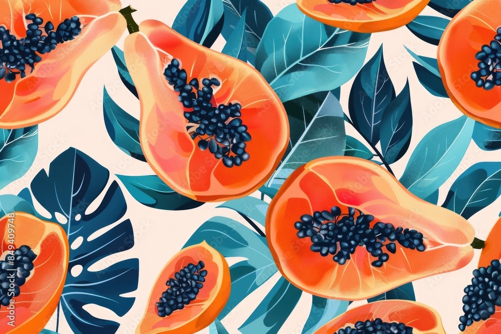 Poster close-up shot of papaya leaves arranged in a pattern on a white background, ideal for designs and te
