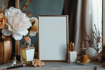 White frame mockup on vintage wooden bench, table. Modern white ceramic vase with dry Lagurus ovatus grass and books. White wall background. Scandinavian interior. Selective focus. copy space