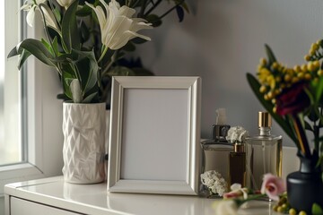 White frame mockup on vintage wooden bench, table. Modern white ceramic vase with dry Lagurus ovatus grass and books. White wall background. Scandinavian interior. Selective focus. copy space