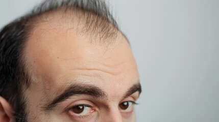 Obraz premium Close up shot of a young man with receding hairline on a light background
