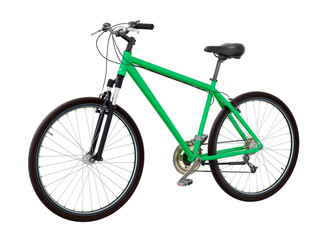 Green bicycle, side front view. Black leather saddle and handles. Png clipart isolated on transparent background