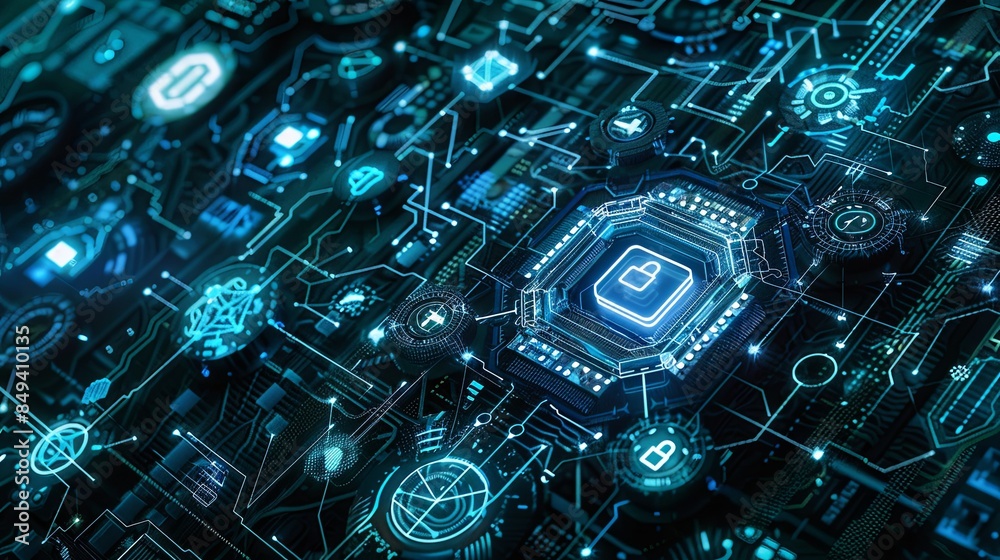 Poster An abstract digital illustration depicting a network of digital locks, shields, and network nodes, protected by AI algorithms. The design is futuristic and sophisticated. Generative AI