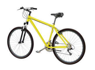 Yellow bicycle, side back view. Black leather saddle and handles. Png clipart isolated on transparent background