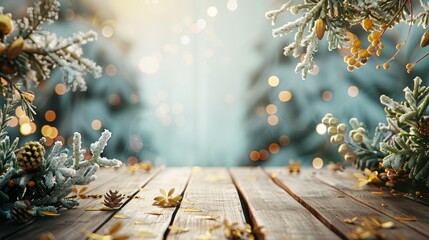 Empty table in front of christmas tree with decoration background, copy space
