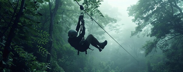 Outdoor ziplining adventure through forest canopies, zipliners and adrenaline rushes, 4K hyperrealistic photo.