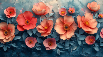 Elegant Coral Flowers on Textured Blue Background