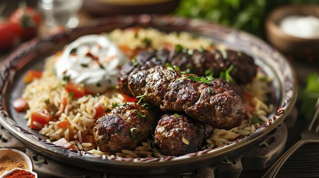 Delicious Turkish lamb kofta with a side of pilaf and yogurt sauce, styled in a traditional Turkish dining setting with ornate plates and a warm, cozy atmosphere