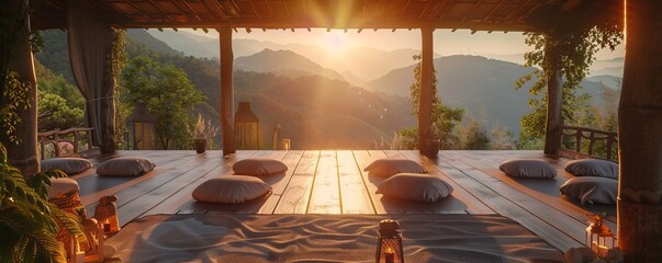 Summer yoga retreat in a serene mountain retreat, yogis and wellness sessions, 4K hyperrealistic photo.