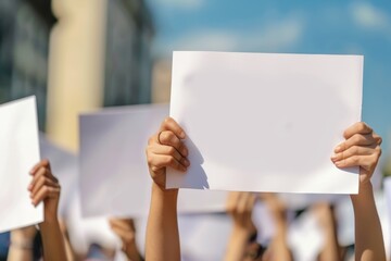 group of people holding empty blank paper signs on blue sky background, copy space