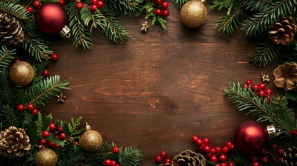 Christmas background with fir tree and decoration on dark wooden board, copy space