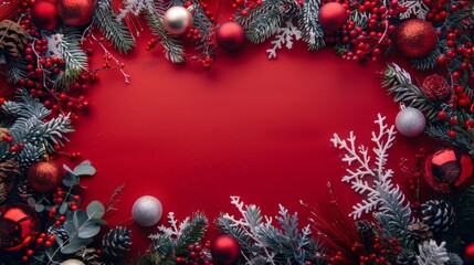 Red Christmas or New Year Ornament Border Background, copy space, copy space