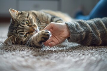 A curious cat plays with a human's hand