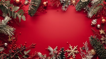 Red Christmas or New Year Ornament Border Background, copy space, copy space