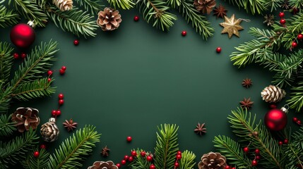 Festive christmas mockup with tinsel. Dark green vintage frame with golden and red ornaments. Blank xmas template with New Year decorations, empty space. Celebration card. Top view. Evergreen tree, co