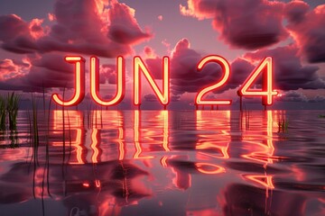 Neon sign reflecting on calm water surface, reading 'June 24'