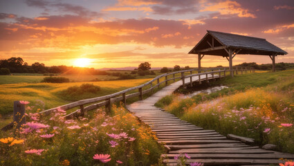  a wooden bridge over a small river