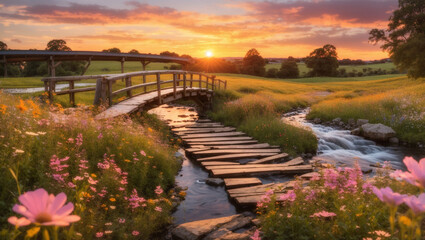  a wooden bridge over a small river