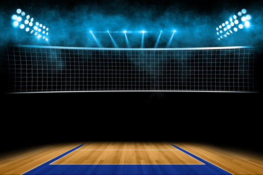 Illuminated Wooden Volleyball Court with Smoke