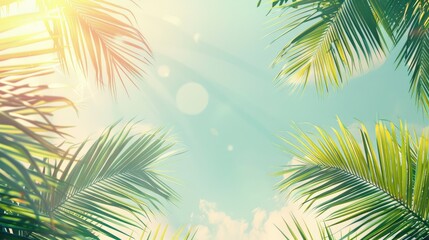 Obraz premium A slight glimpse of palm leaves against a sunny sky on a summer day