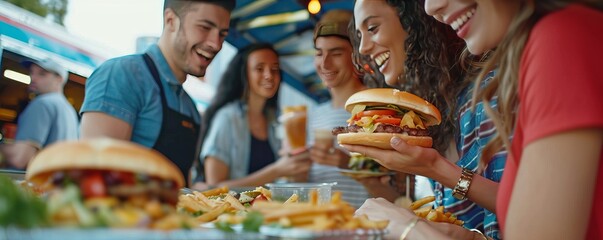 Friends attending a food truck festival for National Food Truck Day, tasting diverse and delicious foods, 4K hyperrealistic photo.