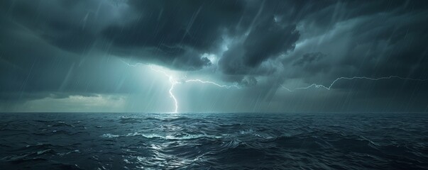 Dramatic thunderstorm with lightning bolts striking the ocean, 4K hyperrealistic photo