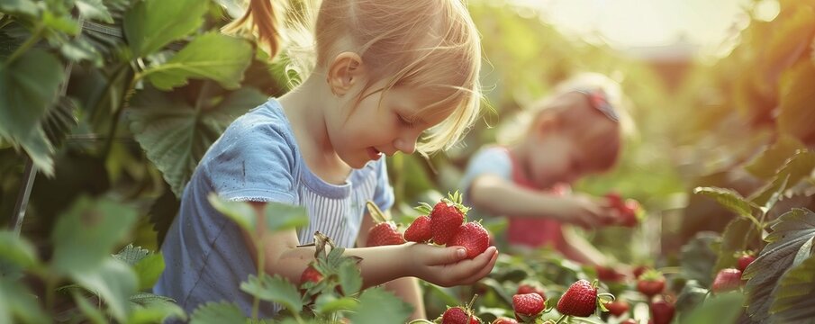 Children picking fresh strawberries in a field, bright red berries, 4K hyperrealistic photo.