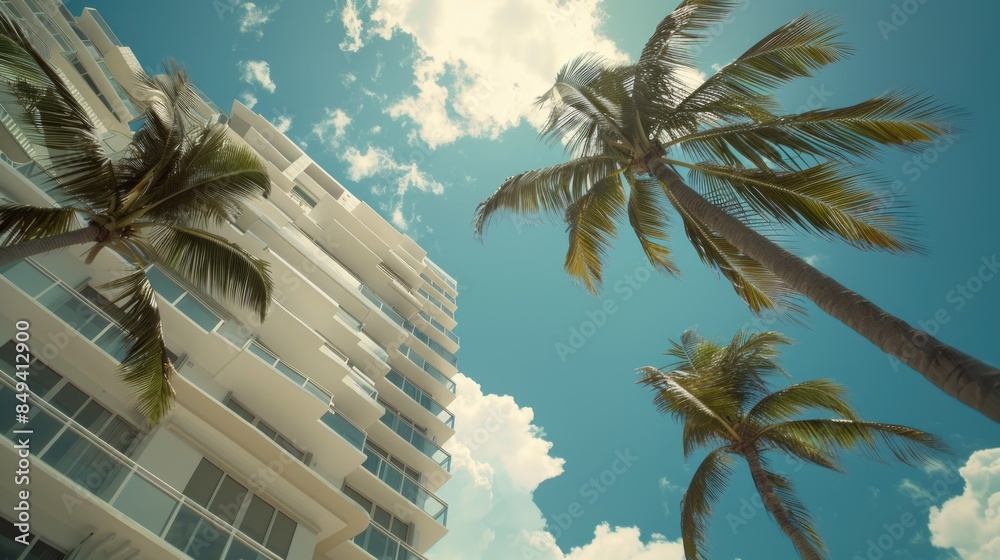 Poster Palm trees in front of a tall building, suitable for travel or architecture use