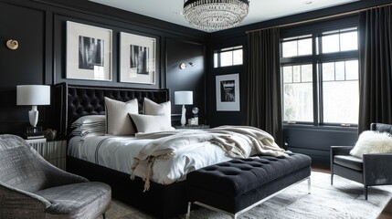Embrace the timeless elegance of a black-toned bedroom, featuring clean lines and understated luxury for a sleek and sophisticated retreat