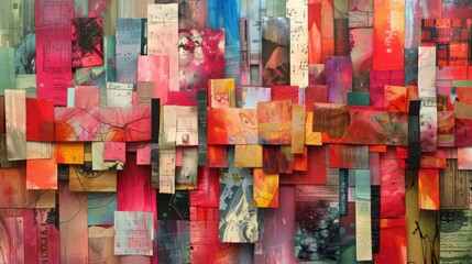 Layers of paper texture create a rich and multi-dimensional collage.