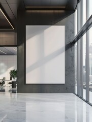 white blank poster with place for your logo or text on light illuminated wall background in abstract empty exhibition hall, mock up, copy space
