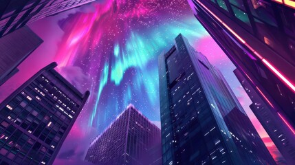 Aurora in a night sky above a modern glass skyscraper, urban landscape, neon, digital art