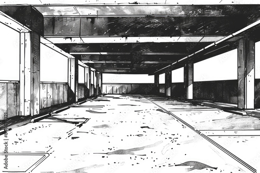 Poster a black and white drawing of an empty building, suitable for use in articles about urban decay or ar
