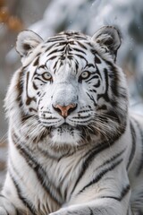 Obraz premium A white tiger is seen laying down in the snowy terrain
