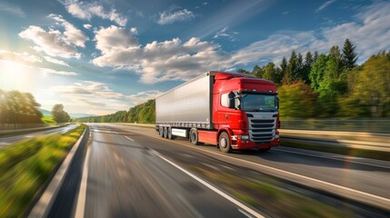 Fast moving red truck on a sunny highway with blurred motion