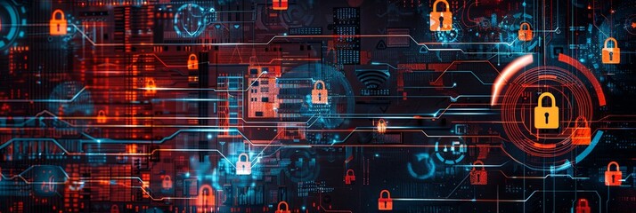 An abstract visualization of cybersecurity, featuring digital locks, shields, and network nodes protected by AI algorithms. The design is futuristic and sophisticated. Generative AI