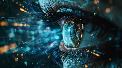 Cybernetic Eye Interface: Close-up of a human eye with a futuristic holographic display of digital icons and data streams on a dark background.