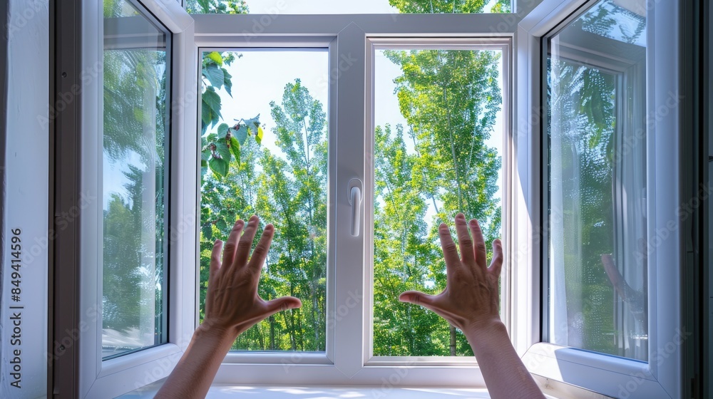 Poster A person stretching out to reach something from outside a window, potential use in advertising or editorial contexts