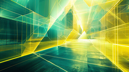 Yellow and Aqua glowing abstract geometric lines. PowerPoint and Business background.